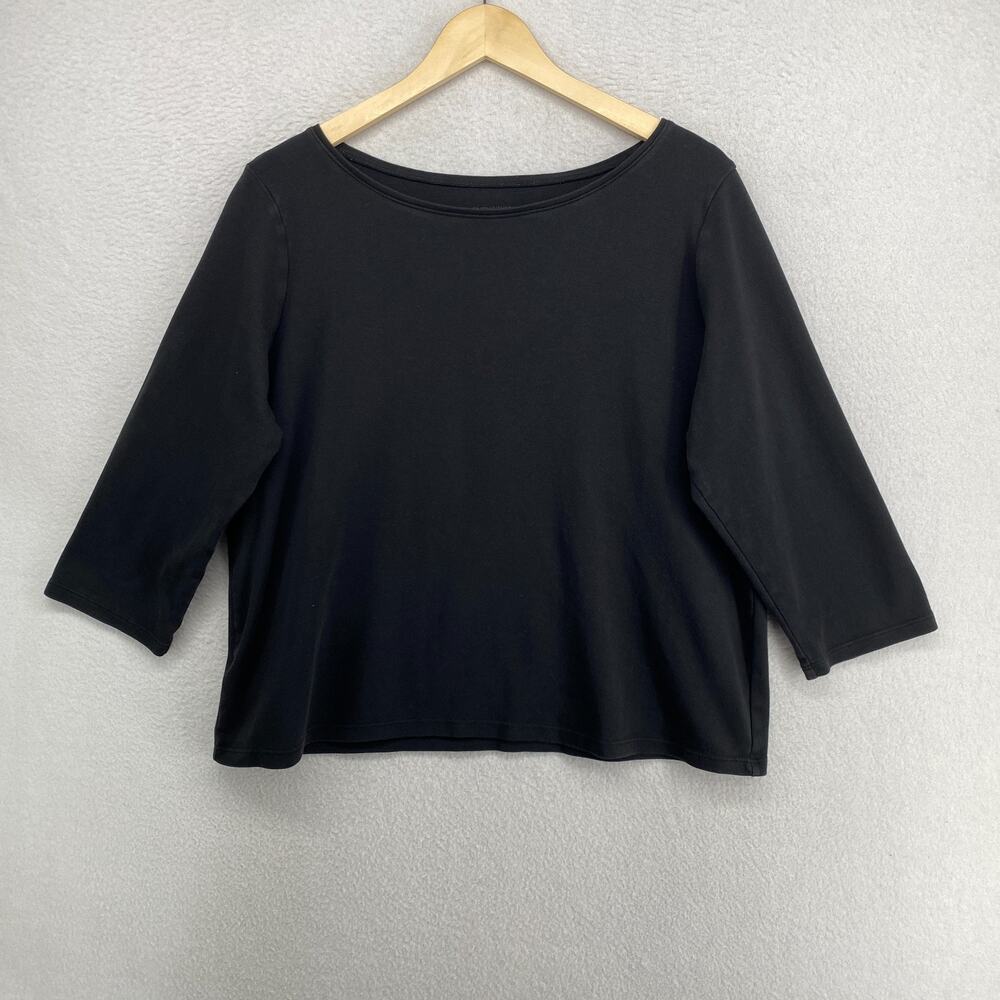EILEEN FISHER Top XL Organic Cotton Interlock Jersey Boat Neck 3/4 Sleeve Black